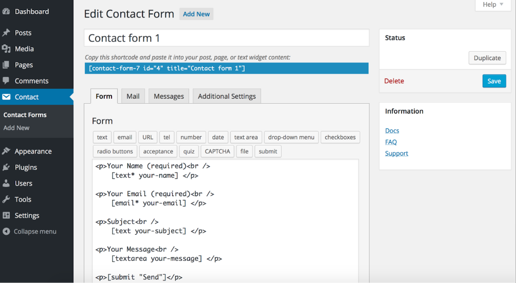 Contact Form 7 editor in WordPress, displaying form fields and settings for a contact form.