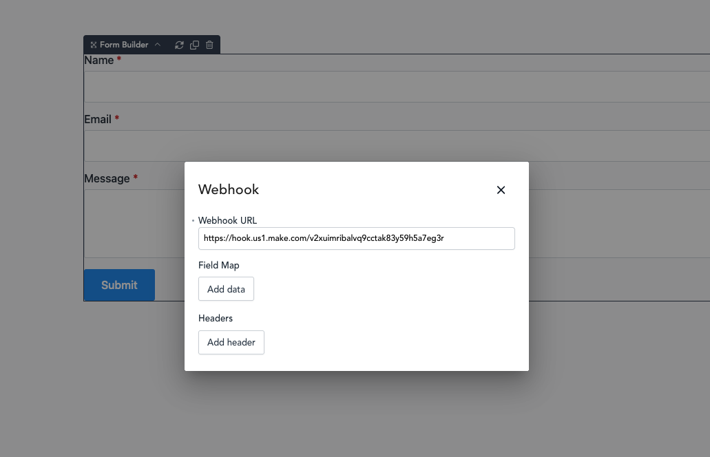 Webhook configuration window showing a field for the webhook URL, with options to add data and headers.