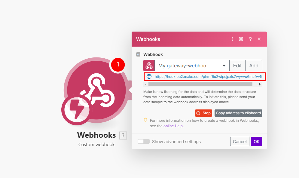 Webhook setup interface showing a generated webhook URL, options to edit, stop, or copy the address, and instructions for listening to data.