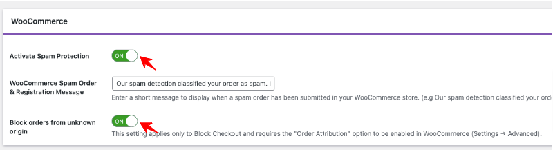 WooCommerce spam protection settings enabled.