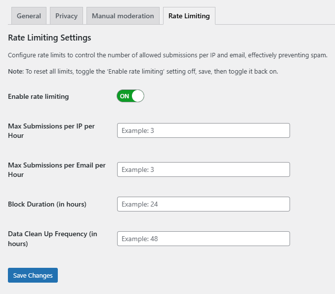 Rate Limiting Settings interface showing options to enable rate limiting, set maximum submissions per IP and email per hour, configure block duration, and data cleanup frequency. 