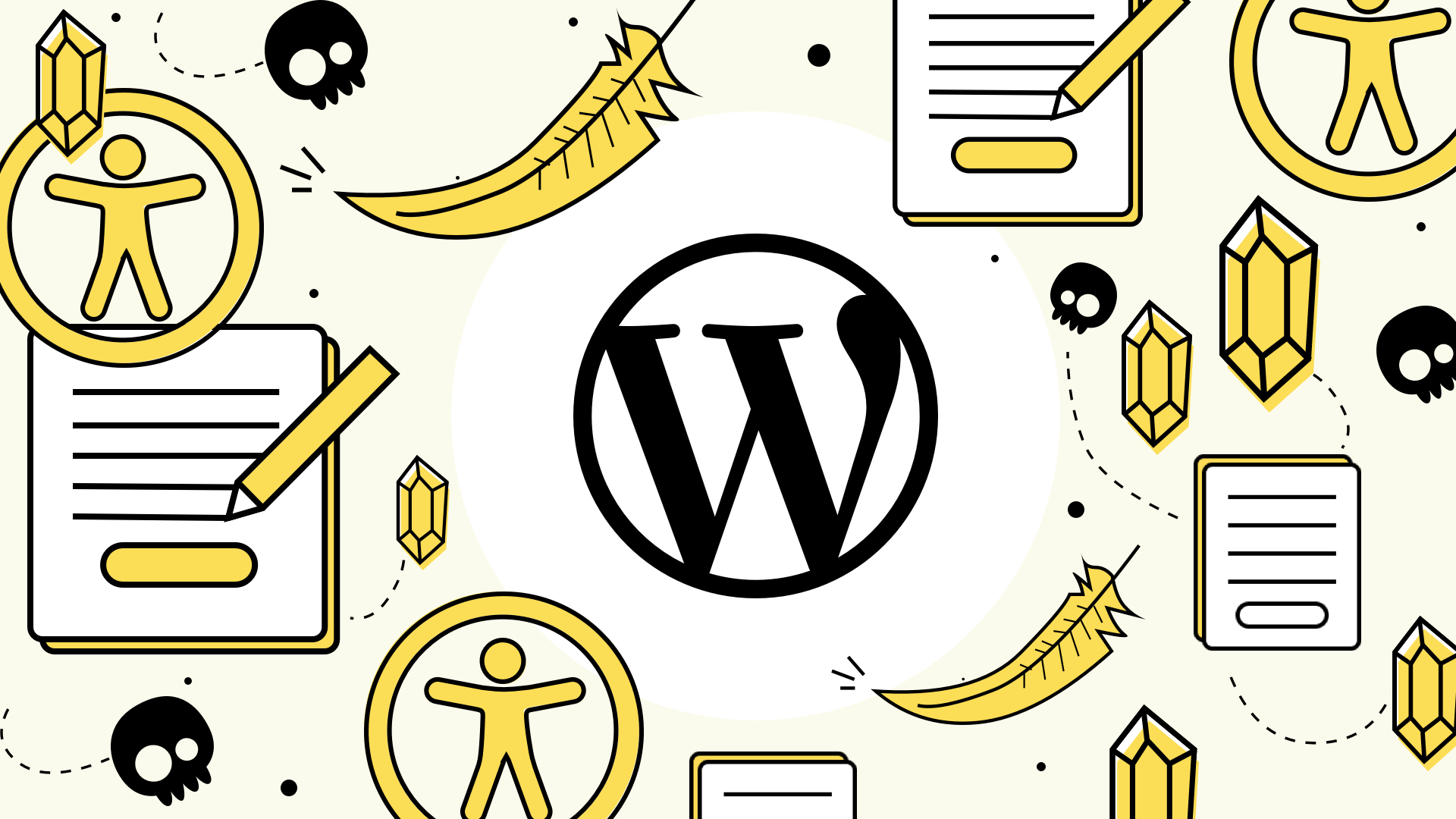 WordPress logo surrounded by icons of accessibility symbols, documents, pencils, crystals, and skulls in a stylized design.