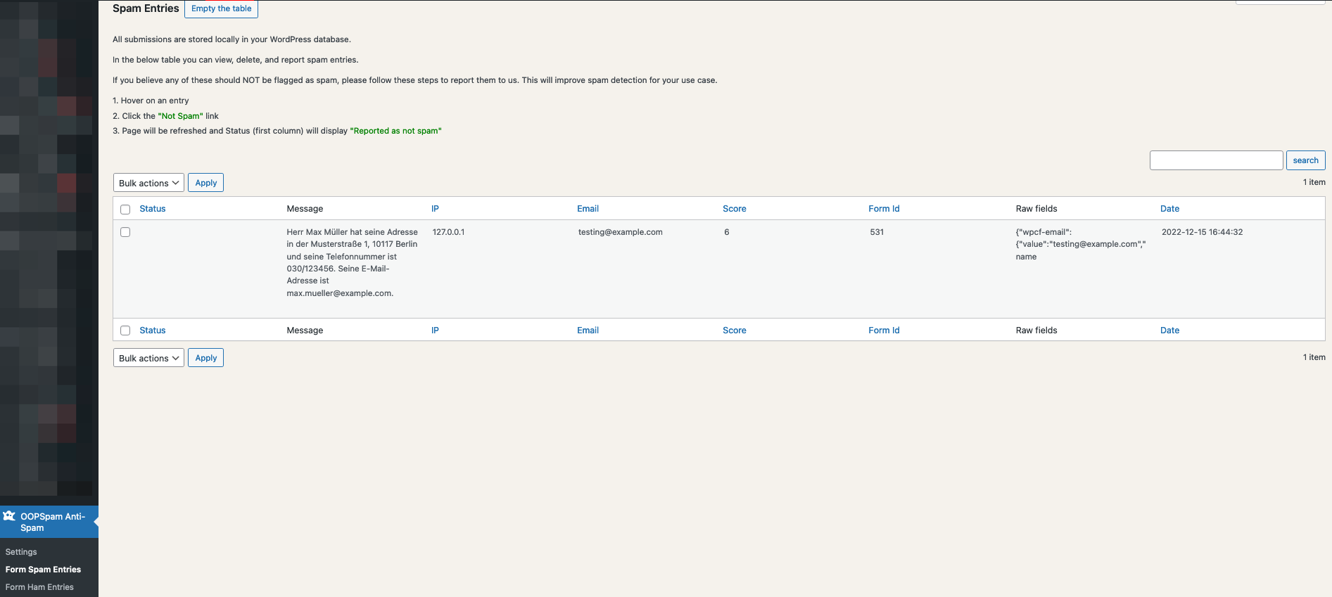 OOPSpam WordPress Plugin Logs