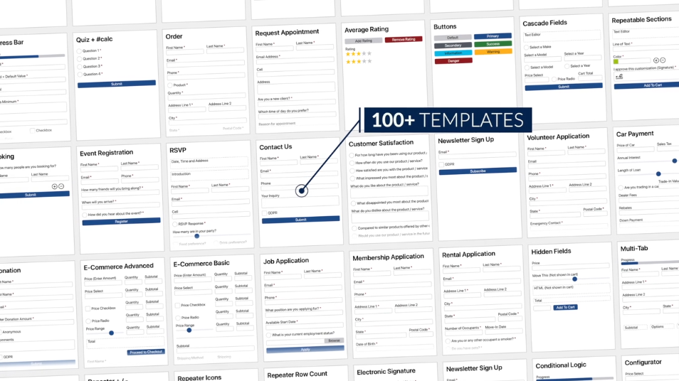 A showcase of over 100 pre-designed form templates for various purposes, including contact forms, job applications, event registrations, e-commerce, and more.