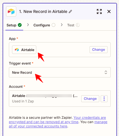 Zapier setup screen showing a new record trigger event in Airtable.