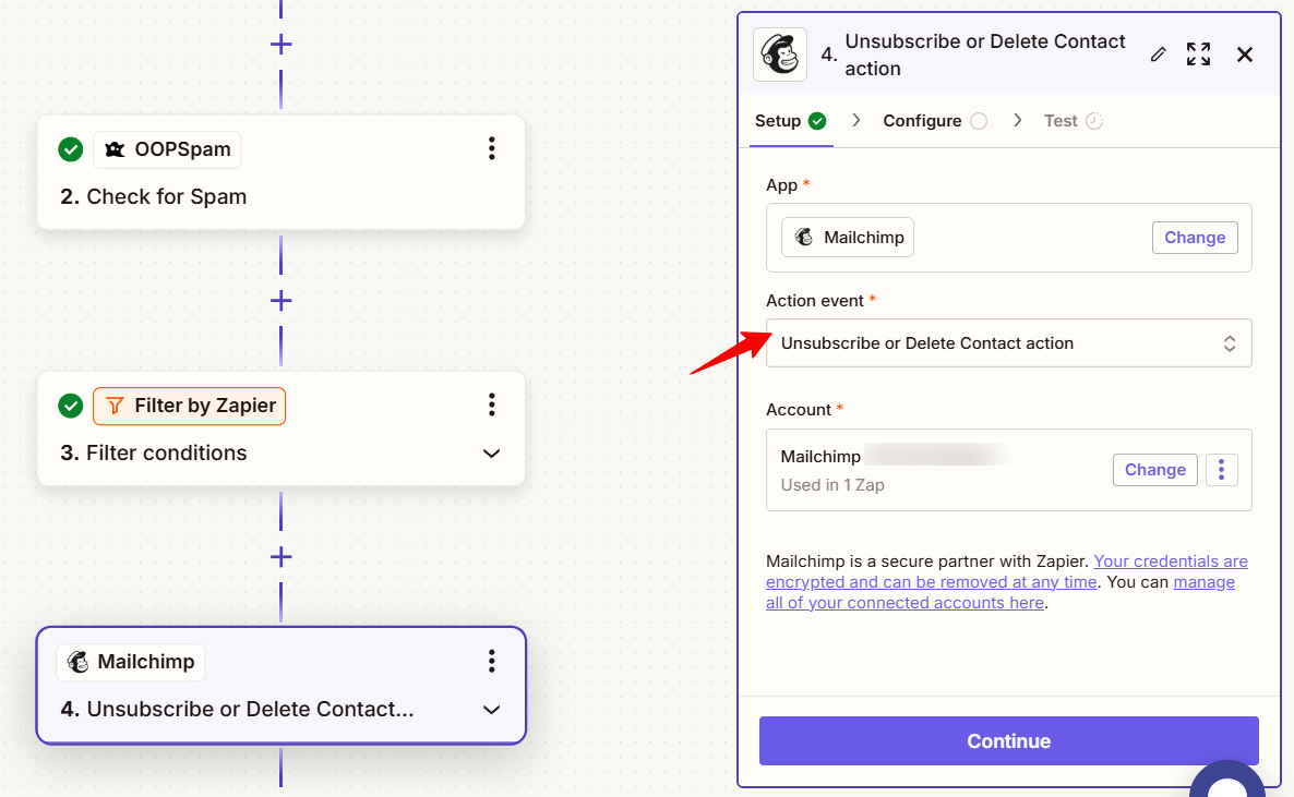 Zapier workflow setup with OOPSpam and Mailchimp unsubscribe action.