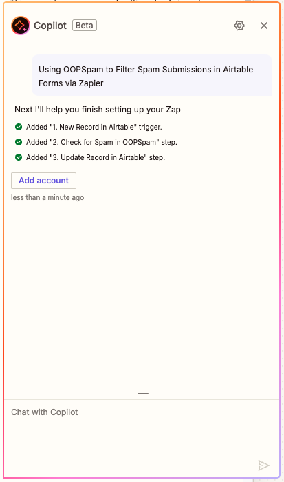 Zapier Copilot interface showing steps for setting up a Zap to filter spam submissions in Airtable using OOPSpam.