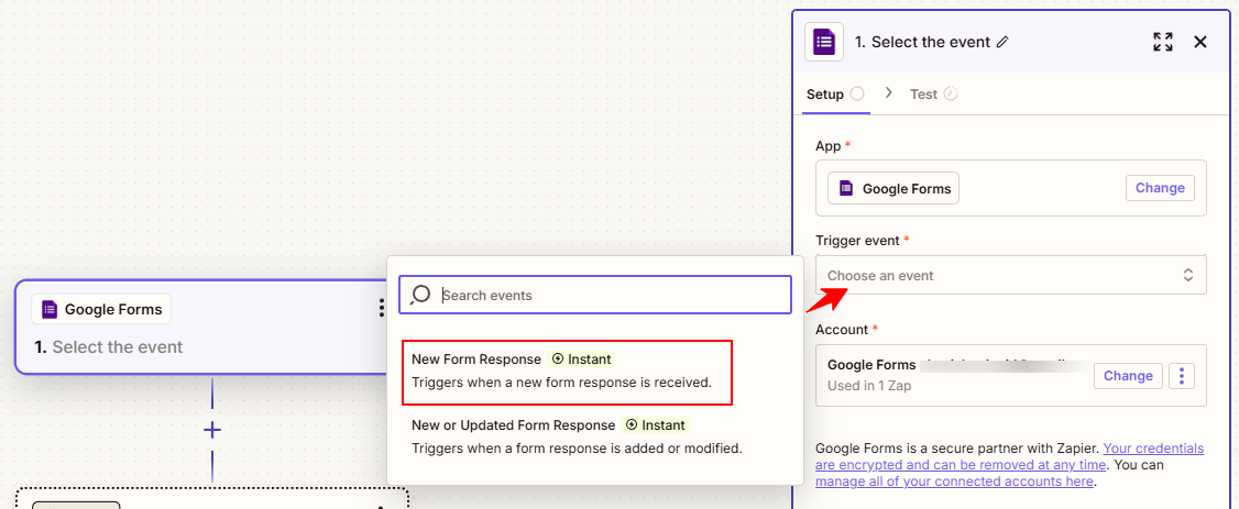 Zapier interface showing event selection for Google Forms trigger.