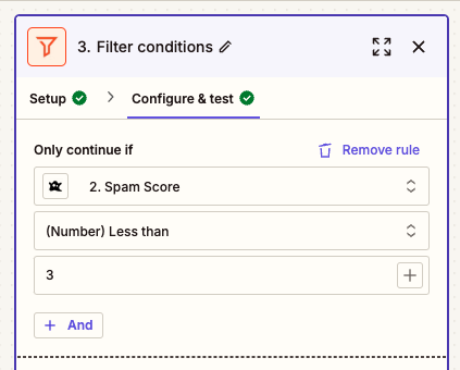 Zapier filter condition setup for spam score less than 3.