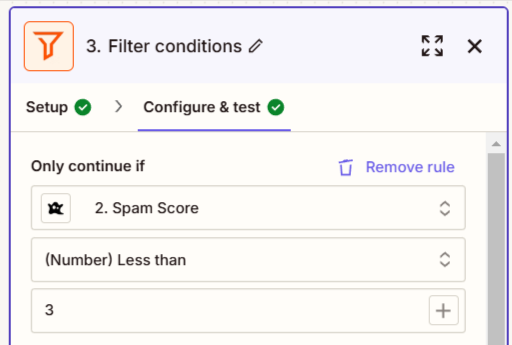 Zapier filter condition setup based on spam score threshold.