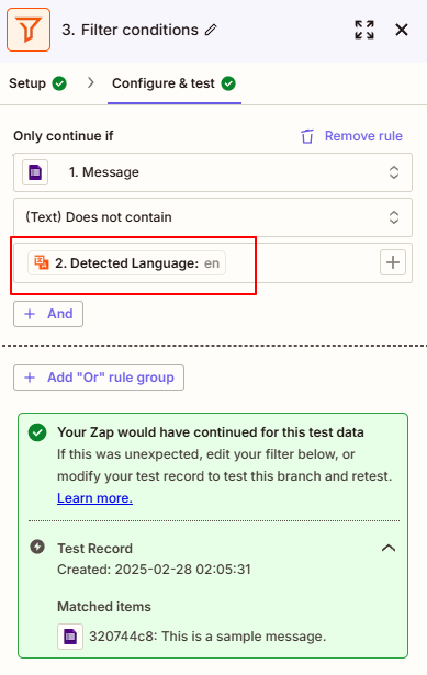 Zapier filter conditions setup with detected language rule.