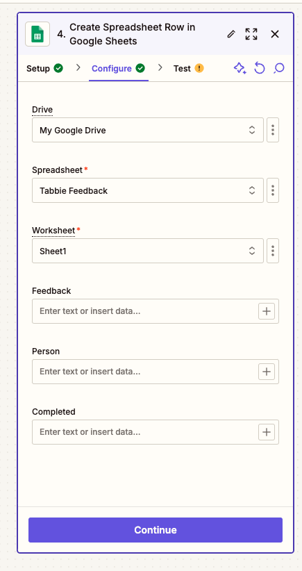 Google Sheets setup in Zapier to create a row in a spreadsheet with fields for feedback, person, and completed status.