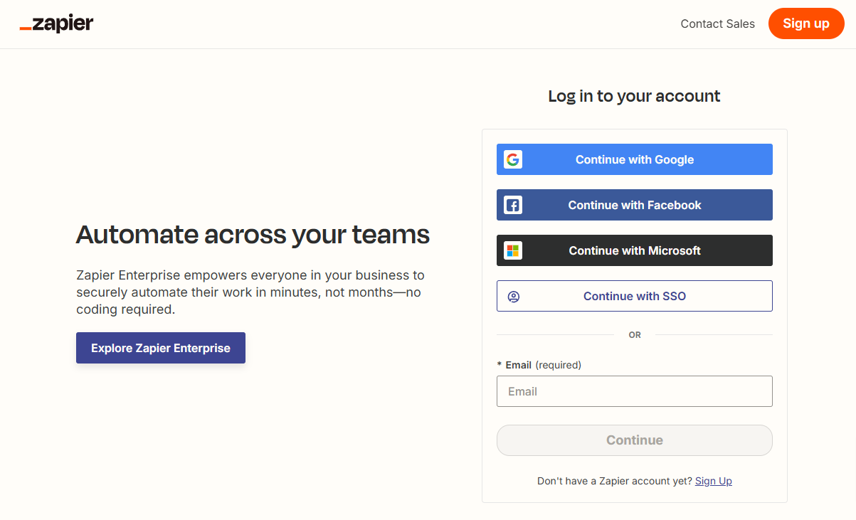 Zapier login page with multiple sign-in options.