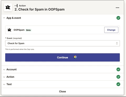 Zapier workflow showing the OOPSpam integration for spam detection.