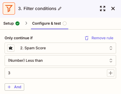 Zapier filter conditions checking if spam score is less than 3.