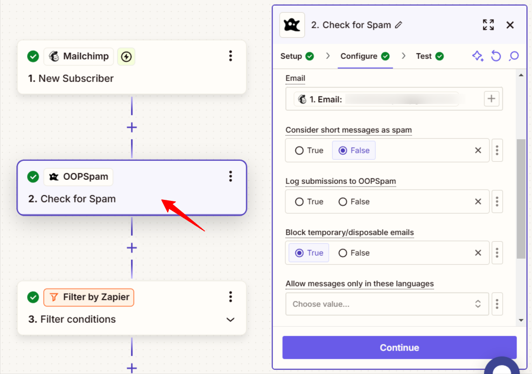 Zapier automation workflow with OOPSpam integration for spam detection.